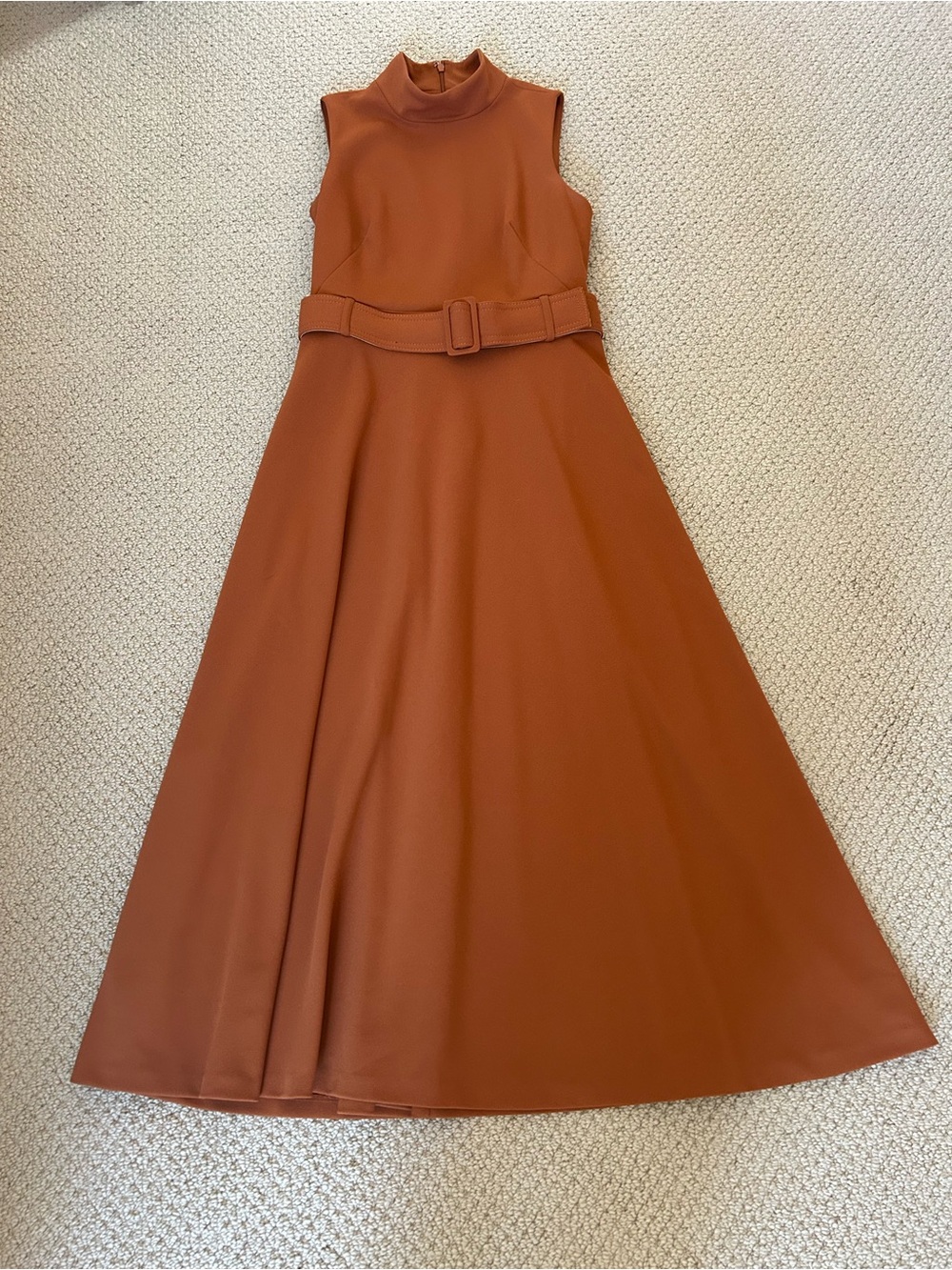 Calvin Klein Sleeveless Belted A-Line Midi Dress in Rust